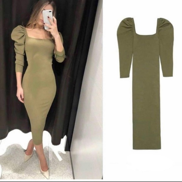 NWT Zara Bandage Puffy Sleeved Dress Olive Green Size Large - Picture 2 of 13
